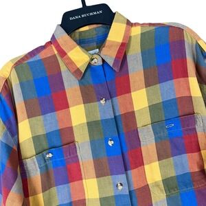Theo Shirt Women M Vintage 90s Made In Korea Oversized Plaid Chest Pockets Woven
